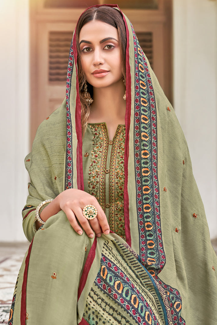 Fancy Fabric Festive Wear Khaki Color Embroidered Salwar Suit
