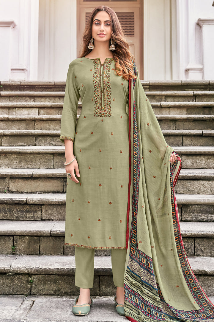 Fancy Fabric Festive Wear Khaki Color Embroidered Salwar Suit