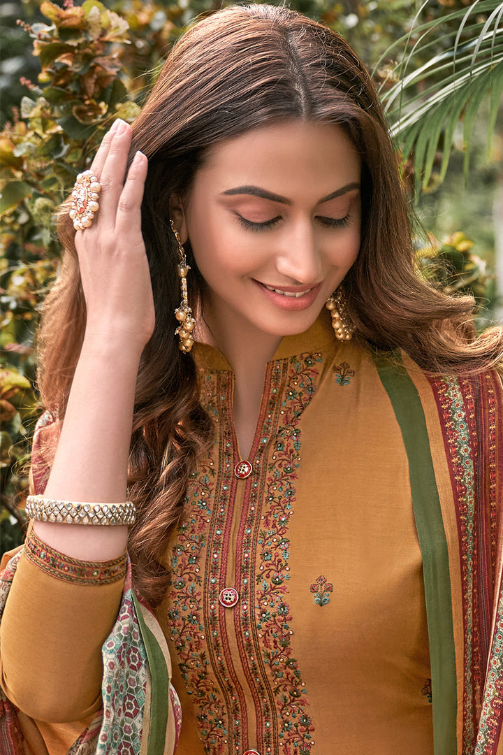 Fancy Fabric Function Wear Embroidered Orange Color Palazzo Suit