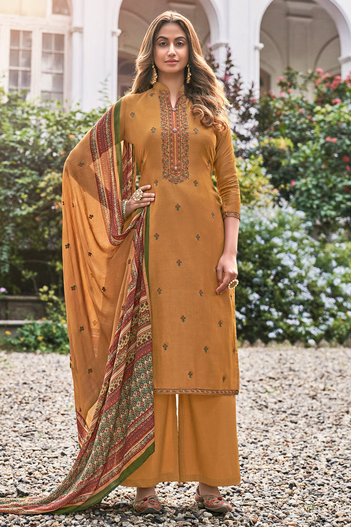 Fancy Fabric Function Wear Embroidered Orange Color Palazzo Suit