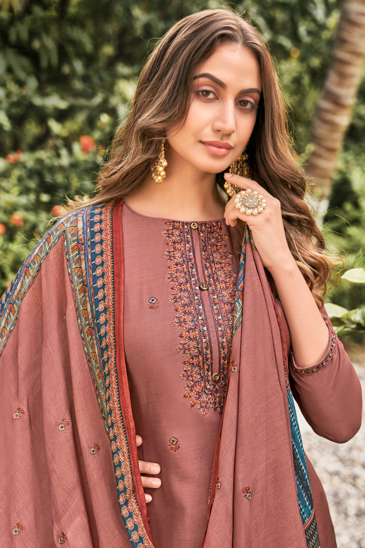 Peach Color Fancy Fabric Festive Wear Embroidered Salwar Suit