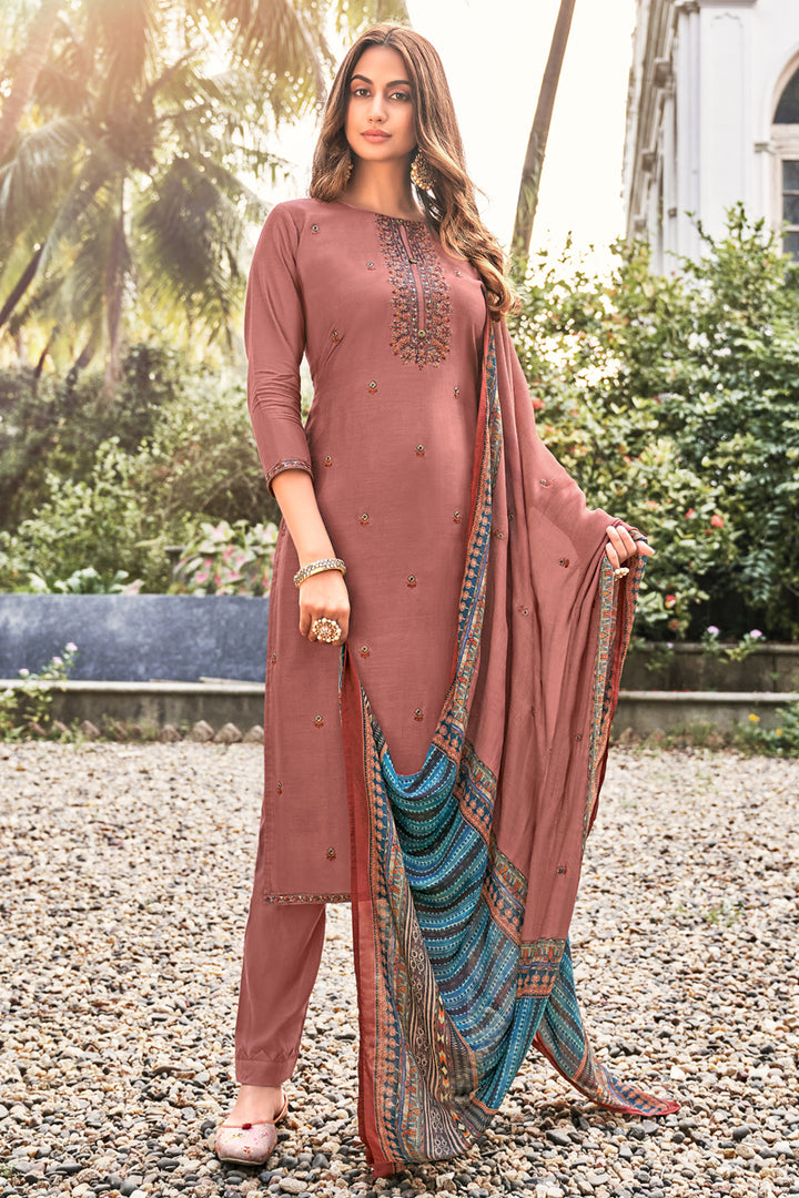 Peach Color Fancy Fabric Festive Wear Embroidered Salwar Suit