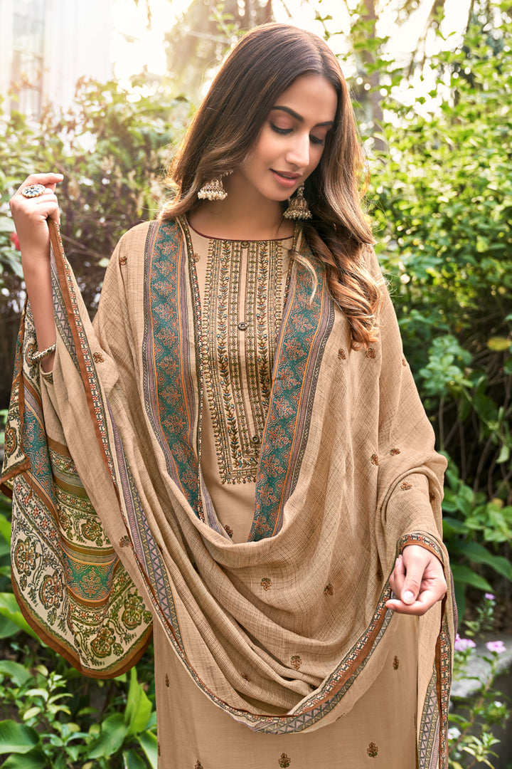 Cream Color Embroidered Function Wear Fancy Fabric Palazzo Suit