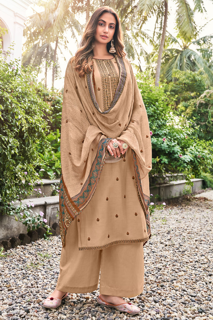 Cream Color Embroidered Function Wear Fancy Fabric Palazzo Suit