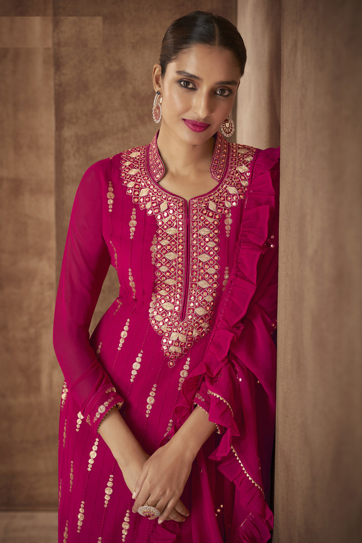Georgette Fabric Party Wear Rani Color Embroidered Designer Palazzo Suit