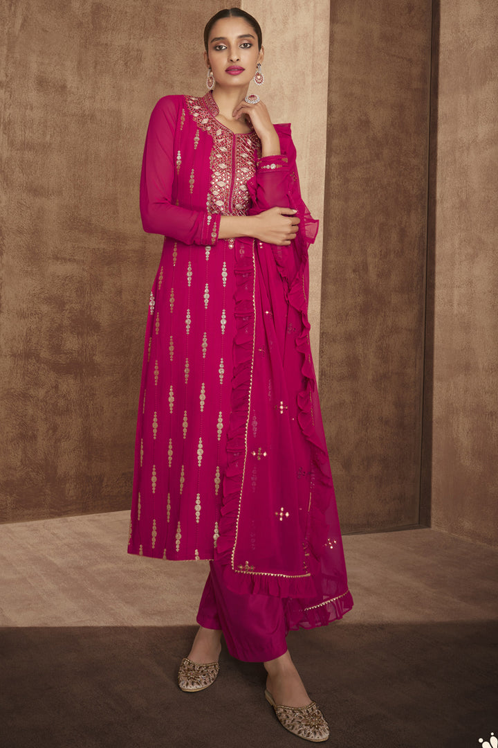 Georgette Fabric Party Wear Rani Color Embroidered Designer Palazzo Suit