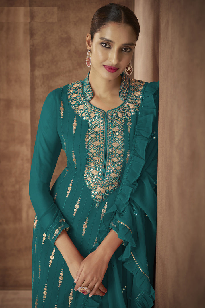Teal Color Georgette Fabric Festive Wear Embroidered Designer Palazzo Suit