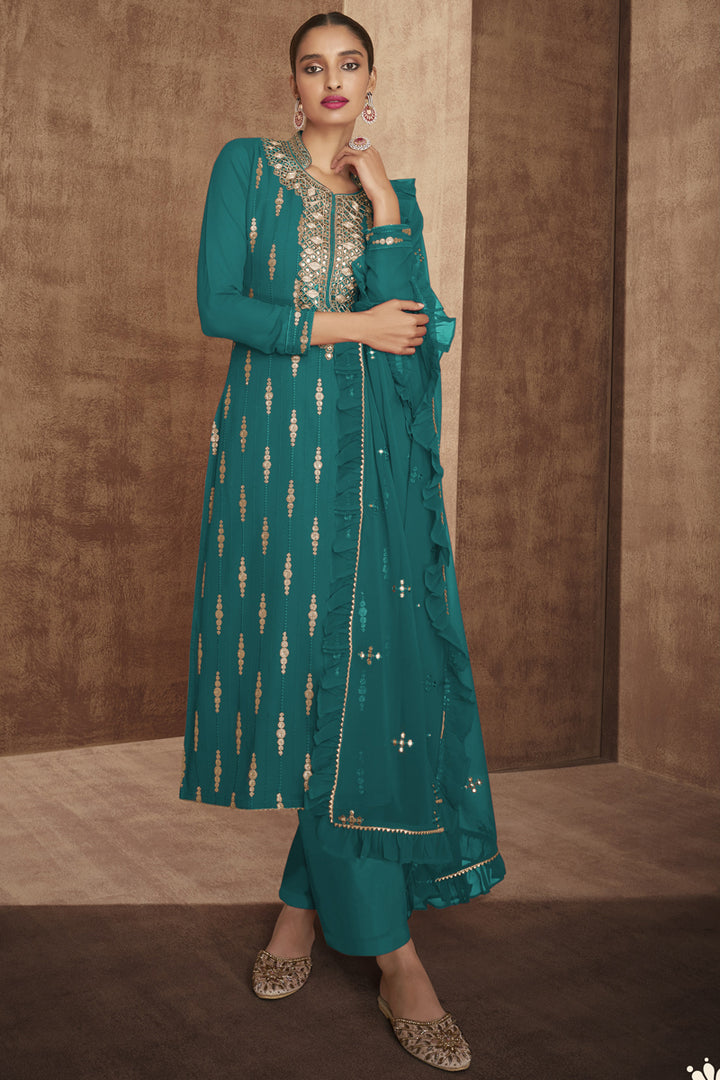 Teal Color Georgette Fabric Festive Wear Embroidered Designer Palazzo Suit