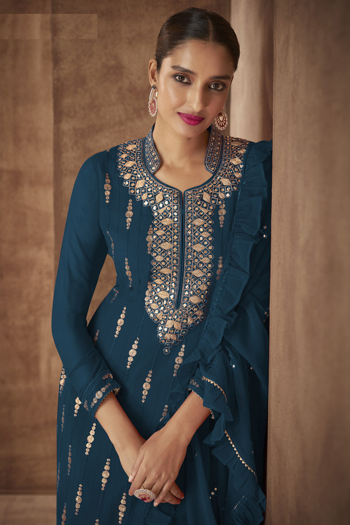 Georgette Fabric Function Wear Embroidered Designer Palazzo Suit In Navy Blue Color