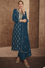 Load image into Gallery viewer, Georgette Fabric Function Wear Embroidered Designer Palazzo Suit In Navy Blue Color
