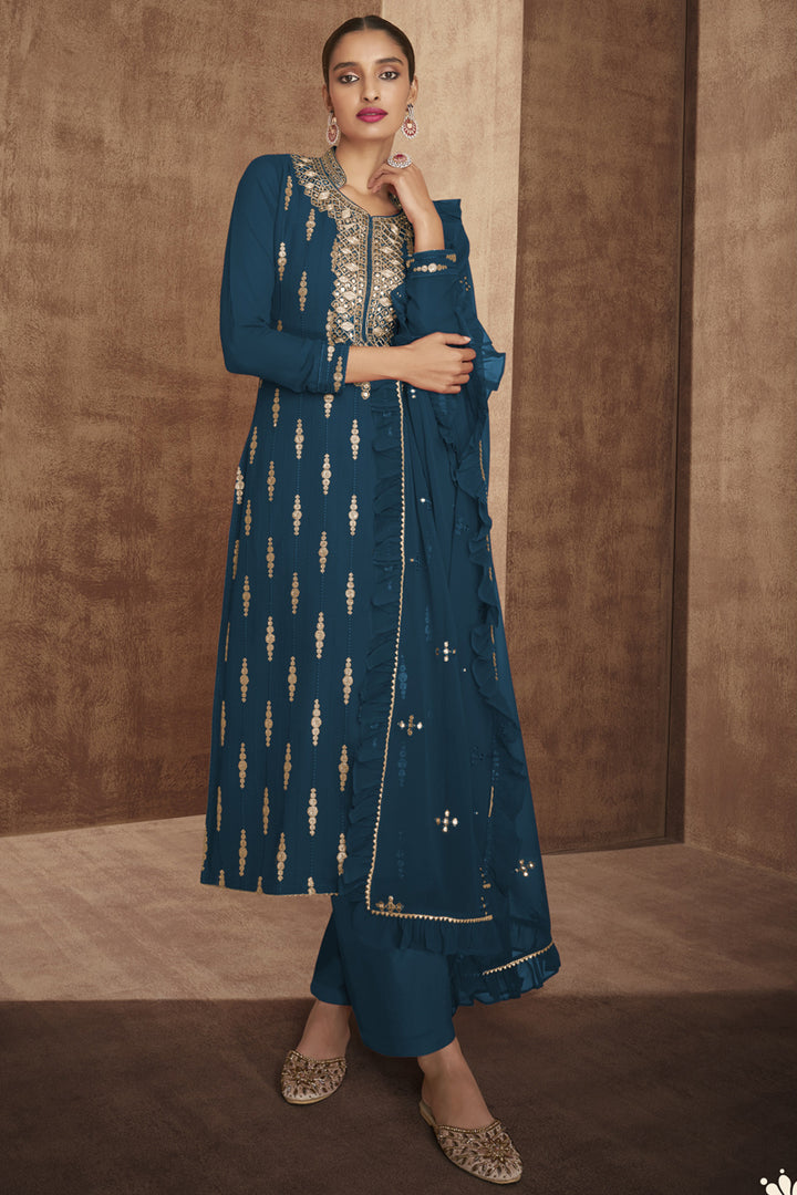 Georgette Fabric Function Wear Embroidered Designer Palazzo Suit In Navy Blue Color