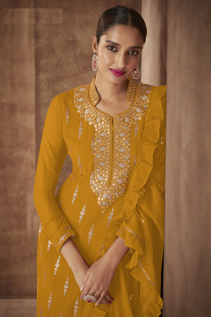 Party Wear Georgette Fabric Mustard Color Embroidered Designer Palazzo Suit