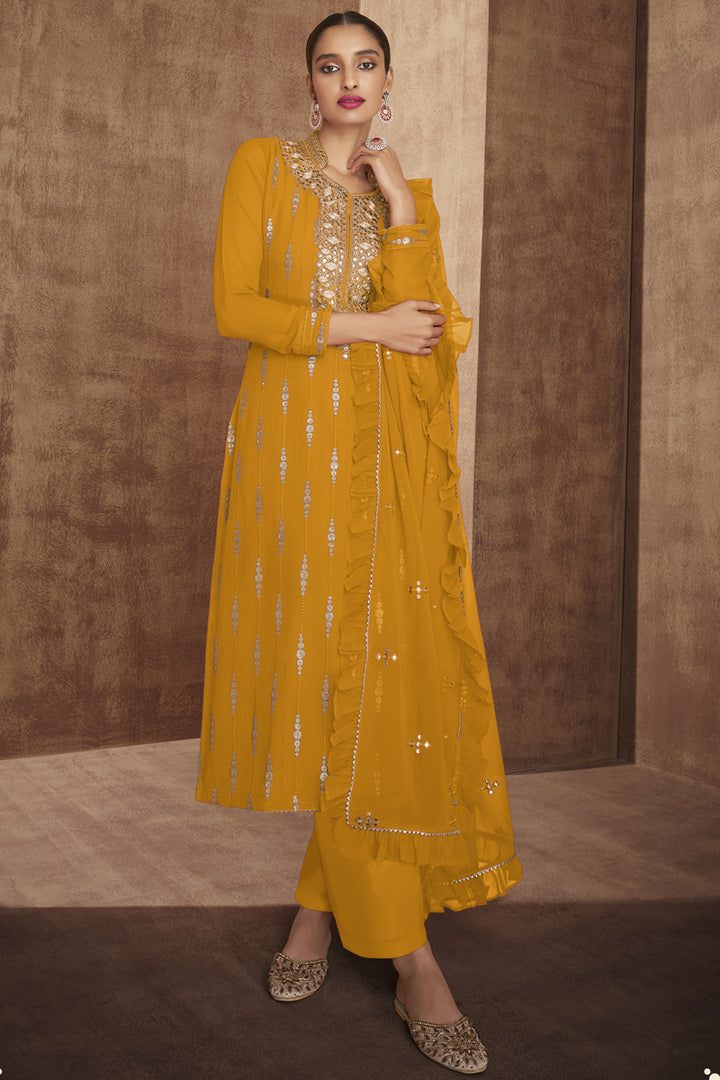 Party Wear Georgette Fabric Mustard Color Embroidered Designer Palazzo Suit