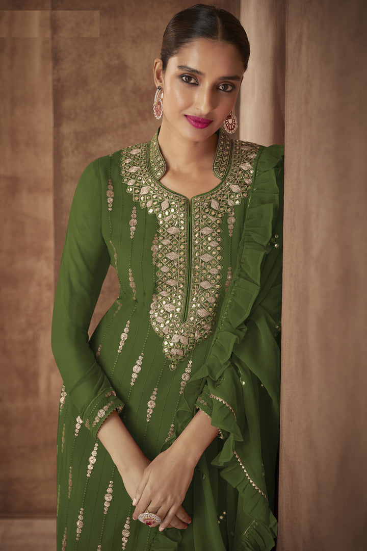Green Color Georgette Fabric Fancy Embroidered Function Wear Designer Palazzo Suit