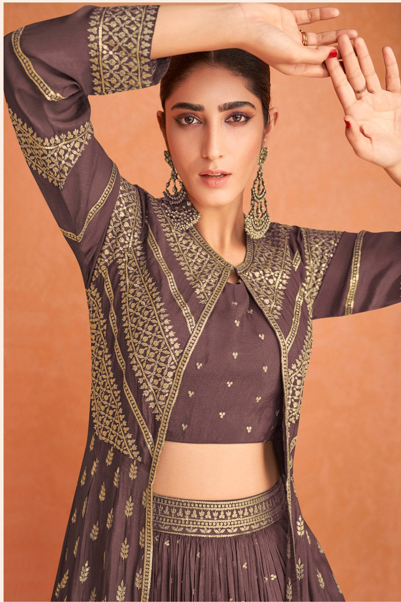 Sangeet Wear Georgette Fabric Brown Color Graceful Embroidered Work Lehenga With Koti