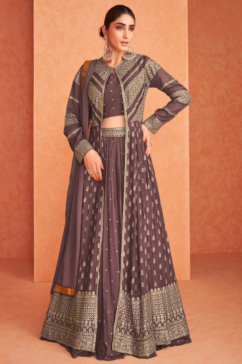 Sangeet Wear Georgette Fabric Brown Color Graceful Embroidered Work Lehenga With Koti