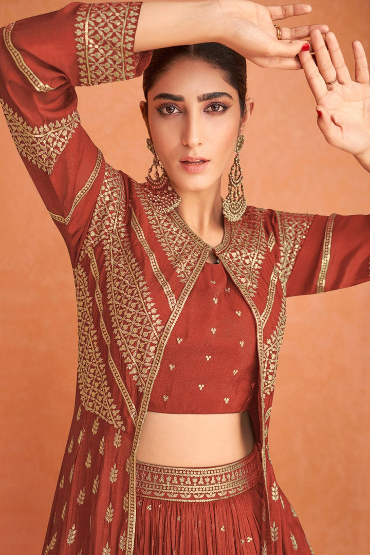 Sangeet Wear Embroidered Work Rust Color Georgette Fabric Classic Lehenga With Koti