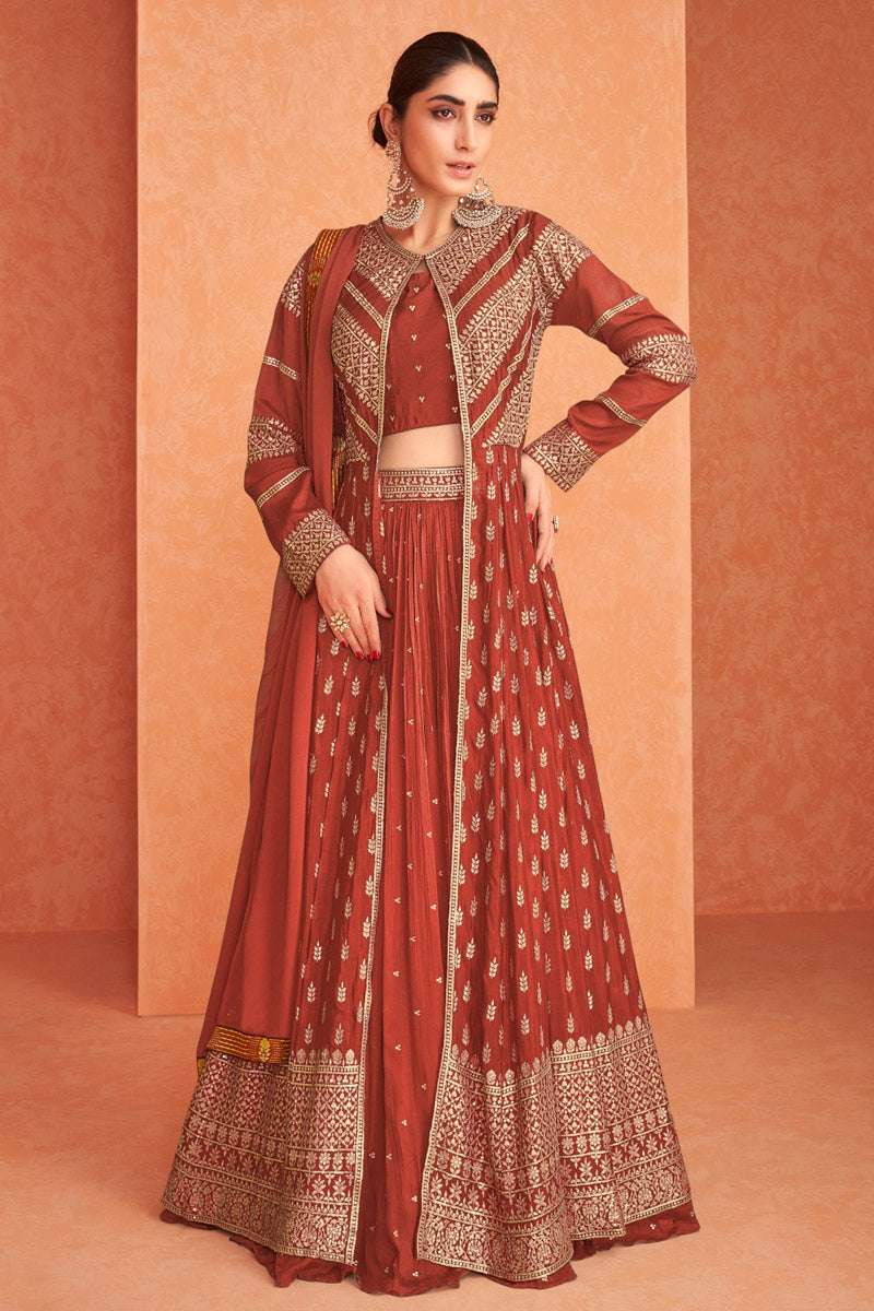 Sangeet Wear Embroidered Work Rust Color Georgette Fabric Classic Lehenga With Koti