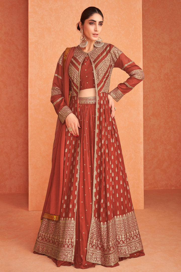 Sangeet Wear Embroidered Work Rust Color Georgette Fabric Classic Lehenga With Koti