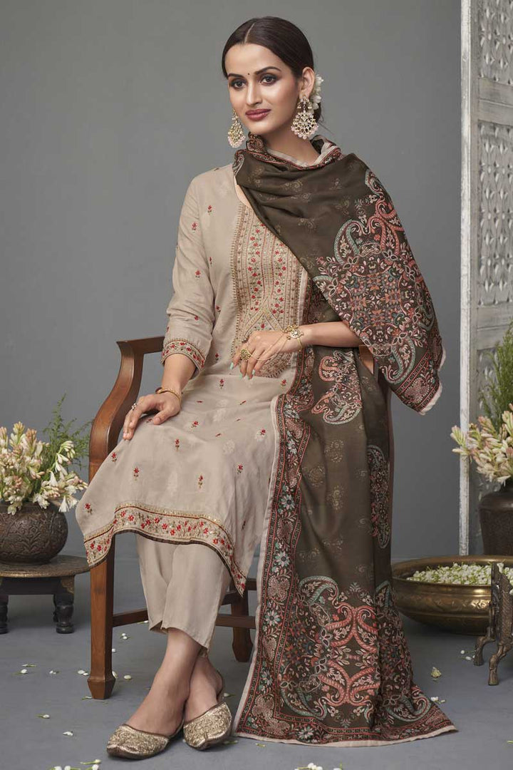 Festival Wear Cotton Fabric Cream Color Embroidered Work Sensational Salwar Suit
