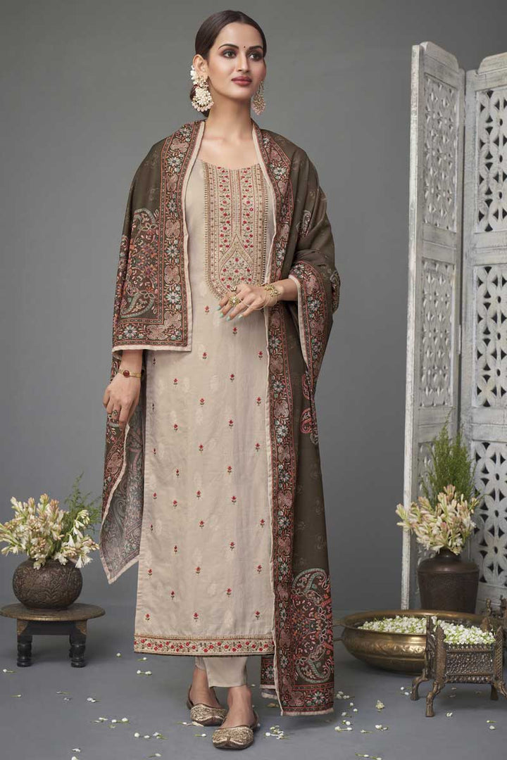 Festival Wear Cotton Fabric Cream Color Embroidered Work Sensational Salwar Suit