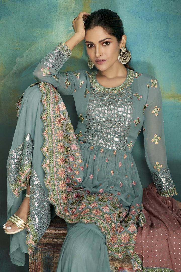 Chinon Fabric Party Wear Teal Color Embroidered Designer Sharara Suit
