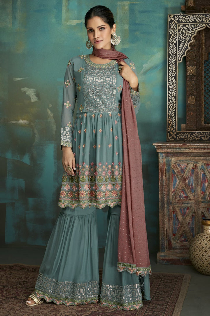 Chinon Fabric Party Wear Teal Color Embroidered Designer Sharara Suit