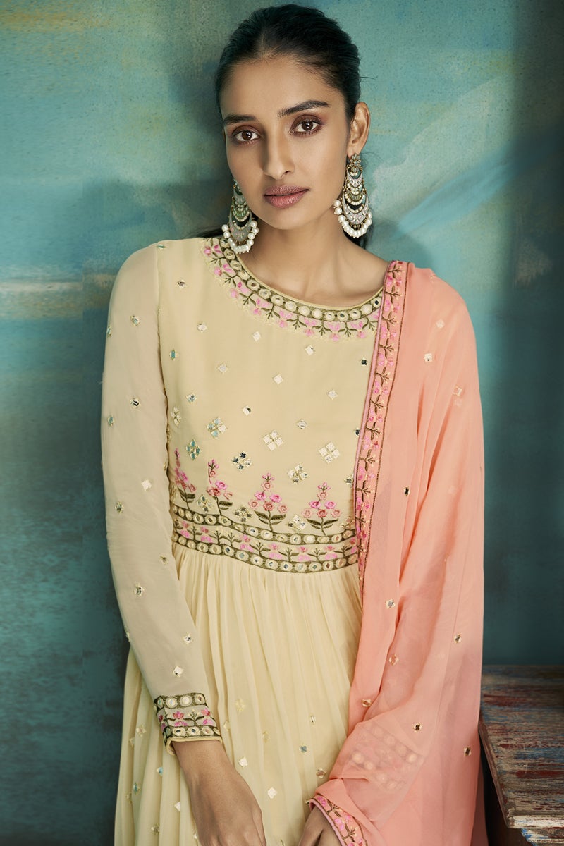 Chinon Fabric Wedding Wear Embroidered Designer Sharara Suit In Cream Color