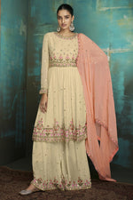 Load image into Gallery viewer, Chinon Fabric Wedding Wear Embroidered Designer Sharara Suit In Cream Color
