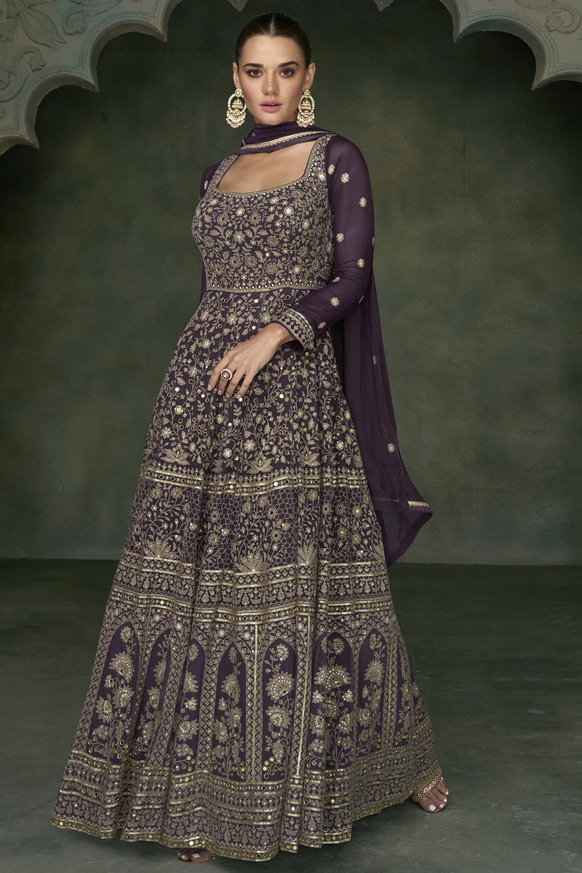 Purple Color Georgette Fabric Embroidered Readymade Long Anarkali Style Gown With Dupatta