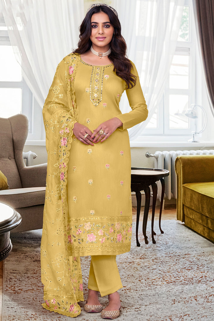Ginni Kapoor Viscose Silk Festive Wear Elegant Salwar Suit In Yellow Color