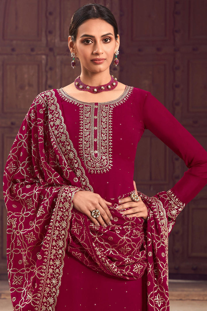 Magenta Color Georgette Fabric Fancy Embroidered Function Wear Palazzo Salwar Kameez