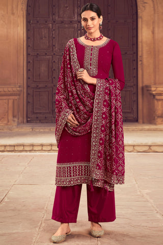 Magenta Color Georgette Fabric Fancy Embroidered Function Wear Palazzo Salwar Kameez