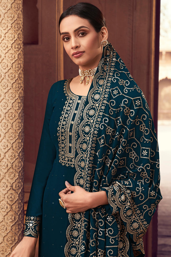 Georgette Fabric Embroidered Blue Color Festive Wear Palazzo Salwar Suit