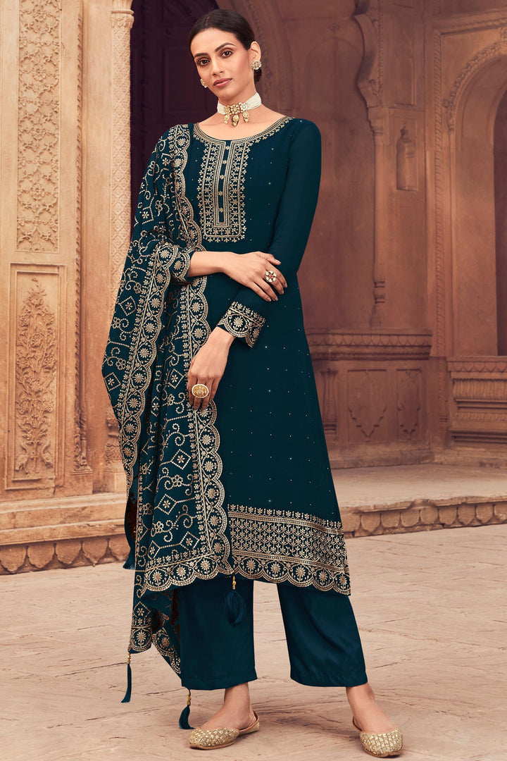 Georgette Fabric Embroidered Blue Color Festive Wear Palazzo Salwar Suit