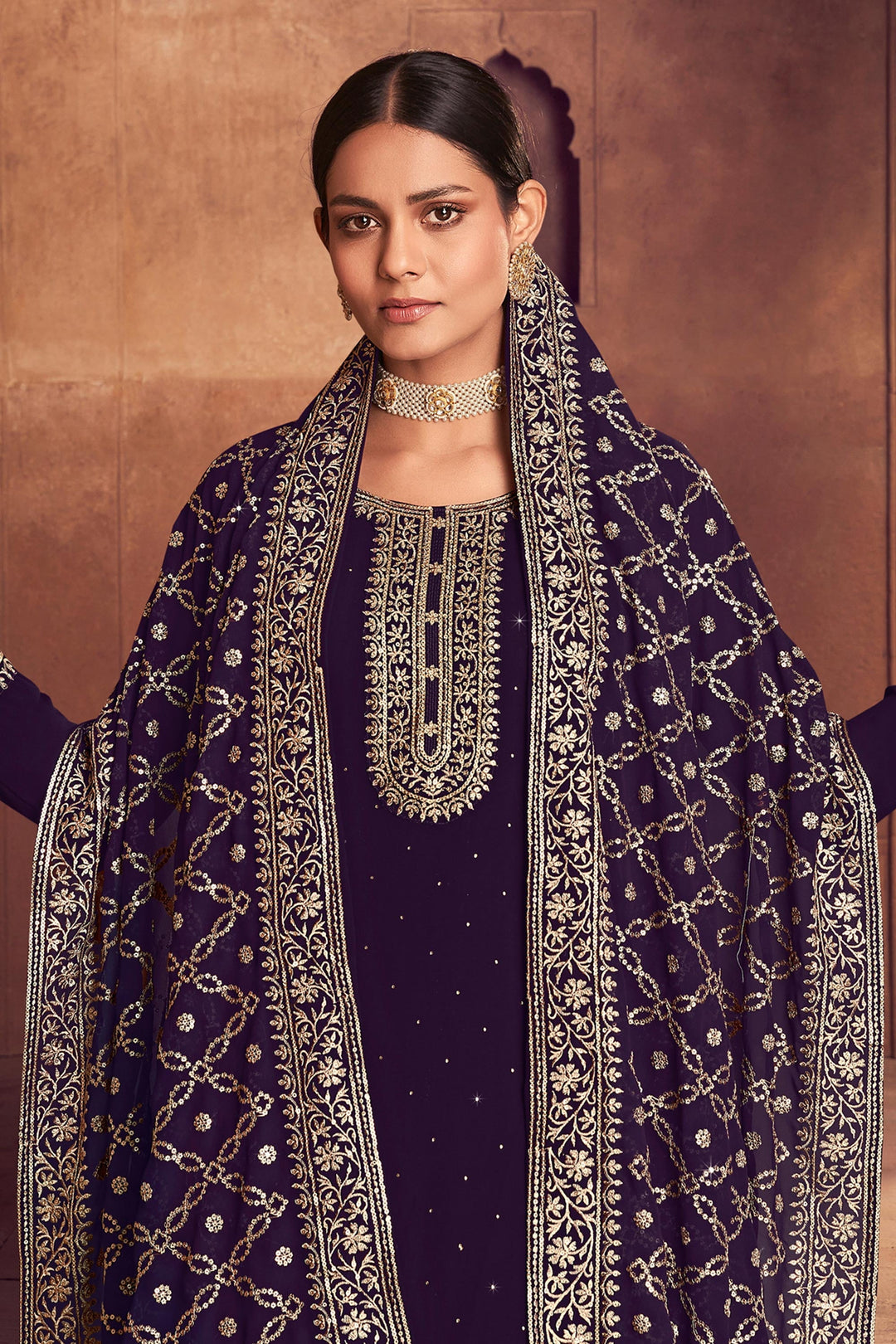 Georgette Fabric Fancy Embroidered Function Wear Palazzo Salwar Kameez In Purple Color
