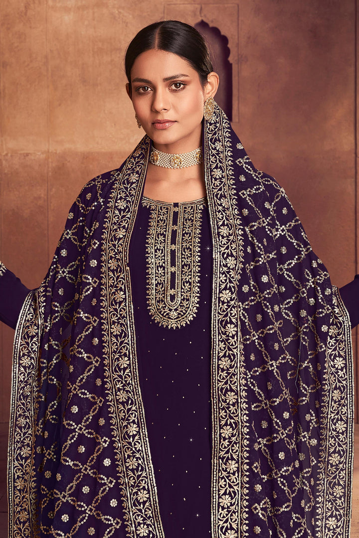 Georgette Fabric Fancy Embroidered Function Wear Palazzo Salwar Kameez In Purple Color