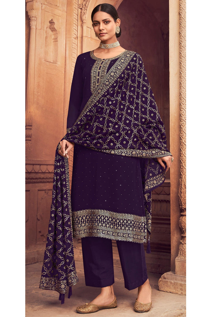Georgette Fabric Fancy Embroidered Function Wear Palazzo Salwar Kameez In Purple Color