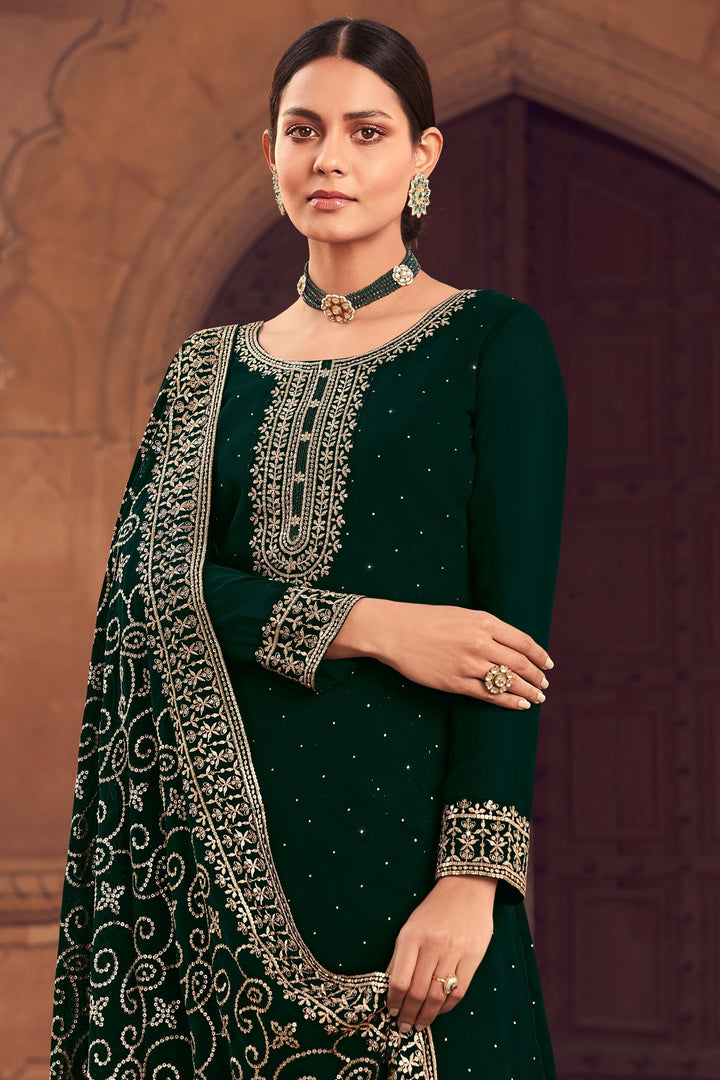 Dark Green Color Festive Wear Embroidered Palazzo Salwar Suit In Georgette Fabric