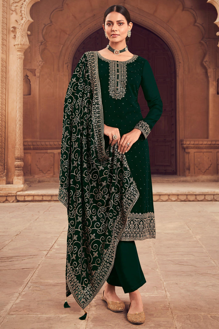 Dark Green Color Festive Wear Embroidered Palazzo Salwar Suit In Georgette Fabric