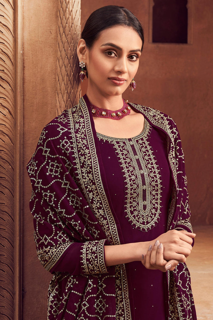 Function Wear Wine Color Embroidered Palazzo Suit In Georgette Fabric