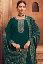 Load image into Gallery viewer, Embroidered Festive Wear Palazzo Salwar Kameez In Georgette Fabric Teal Color
