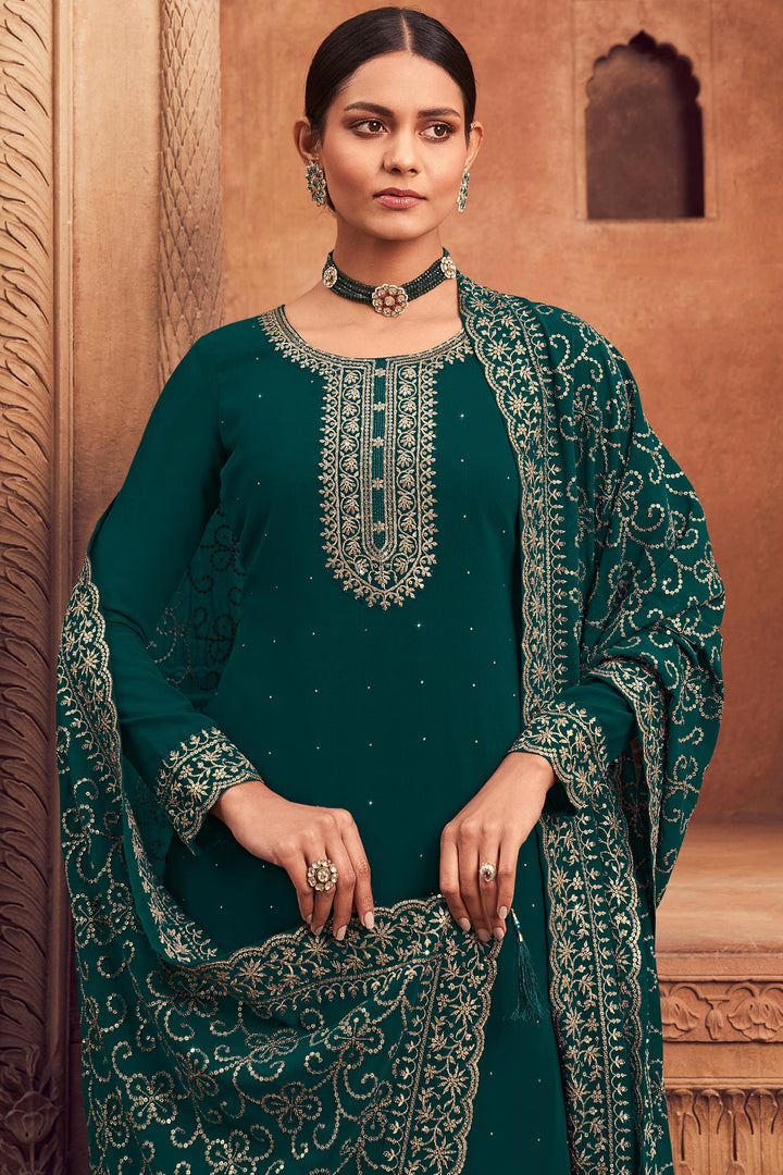 Embroidered Festive Wear Palazzo Salwar Kameez In Georgette Fabric Teal Color