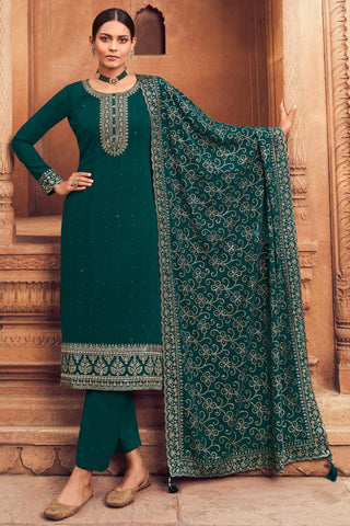 Embroidered Festive Wear Palazzo Salwar Kameez In Georgette Fabric Teal Color