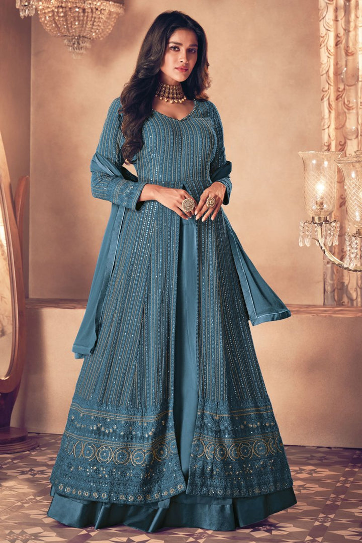 Teal Color Georgette Fabric Fancy Embroidered Function Wear Designer Anarkali Suit