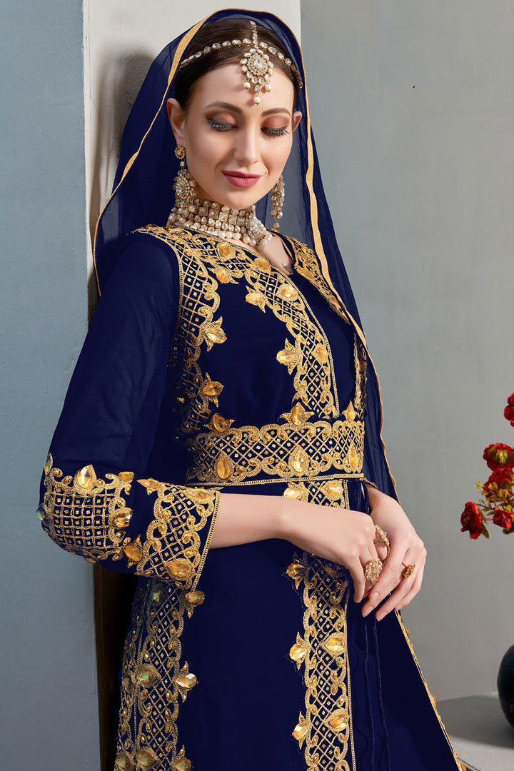 Blue Color Sangeet Wear Georgette Fabric Salwer Suit With Embroidered Work Koti
