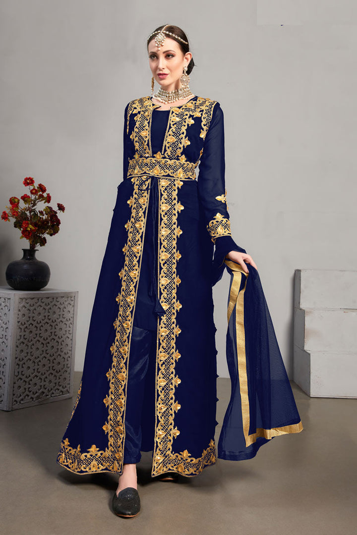 Blue Color Sangeet Wear Georgette Fabric Salwer Suit With Embroidered Work Koti