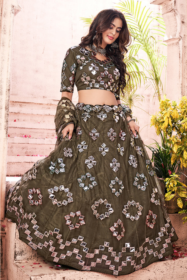 Mehendi Green Color Fancy Work Wedding Wear Lehenga Choli In Net Fabric