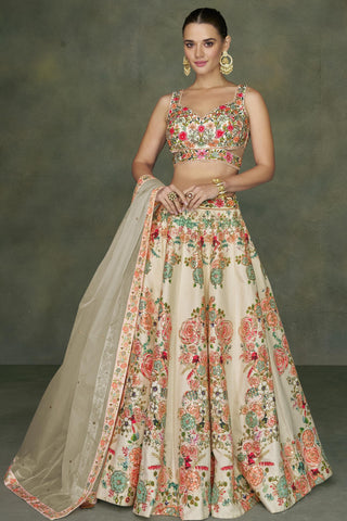 Beige Color Silk Fabric Embroidered Readymade 3 Piece Lehenga Choli