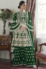 Load image into Gallery viewer, Net Fabric Wedding Wear Embroidered Sharara Suit In Green Color
